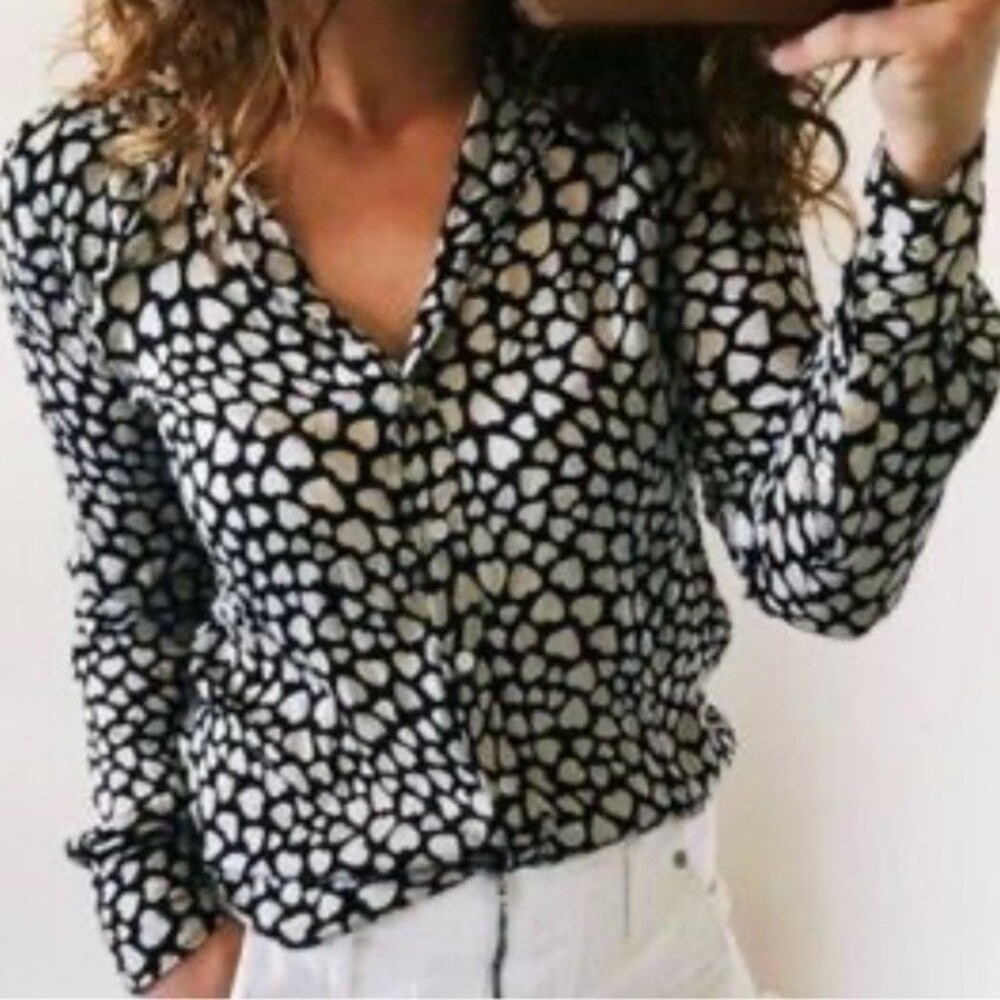 J. Crew Black and Cream Blouse with Notched Collar and 3/4 Sleeves